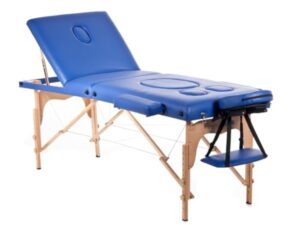 QUIRUMED Table de Massage pour Femmes Enceintes, Pliable, 194 x 70 cm, Bleu, Bois, Simili-Cuir, Trou pour Le Ventre, Trou pour Le Visage, Appui-tête Amovible, jusqu'à 150 kg