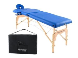 QUIRUMED Table de Massage Pliable en Bois Easy, Couleur Bleue, 186 x 66 cm, Table de Massage, Massage physiothérapie, Similicuir tête articulée, Hauteur réglable, 2 Corps