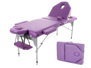 QUIRUMED Table de Massage Pliante en Aluminium, 186 x 66 cm, capitonnage 14 cm, Simili-Cuir, Couleur Violet, Hauteur réglable, Dossier Rabattable, légèreté, jusqu'à 150 kg