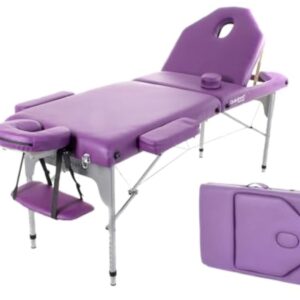 QUIRUMED Table de Massage Pliante en Aluminium, 186 x 66 cm, capitonnage 14 cm, Simili-Cuir, Couleur Violet, Hauteur réglable, Dossier Rabattable, légèreté, jusqu'à 150 kg
