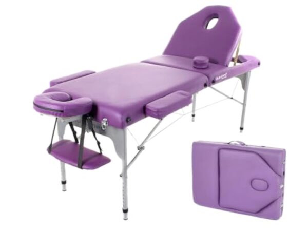 QUIRUMED Table de Massage Pliante en Aluminium, 186 x 66 cm, capitonnage 14 cm, Simili-Cuir, Couleur Violet, Hauteur réglable, Dossier Rabattable, légèreté, jusqu'à 150 kg