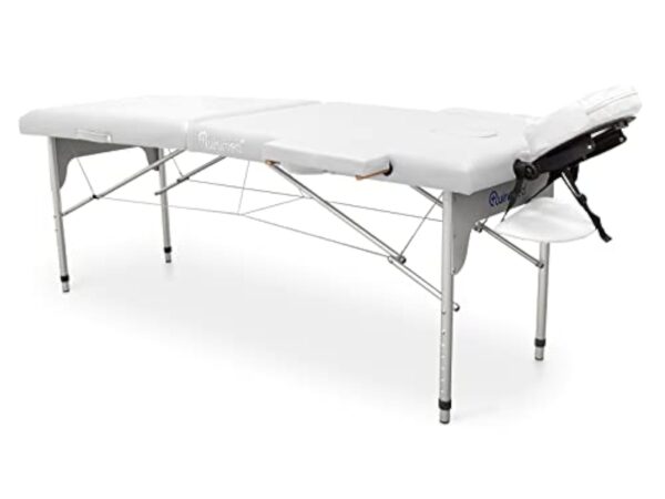QUIRUMED Table de Massage Pliable en Aluminium Easy, Couleur Blanche, 186 x 66 cm, Table de Massage en Similicuir léger, Portable, réglage en Hauteur télescopique jusqu'à 140 kg