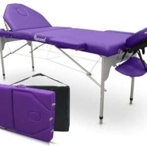 QUIRUMED Table de Massage Pliable en Aluminium Pro 186 x 66 cm avec Dossier Rabattable, Couleur Violet, Simili Cuir, Trou du Visage, tête Amovible, réglable en Hauteur, 2 Corps, jusqu'à 150 kg