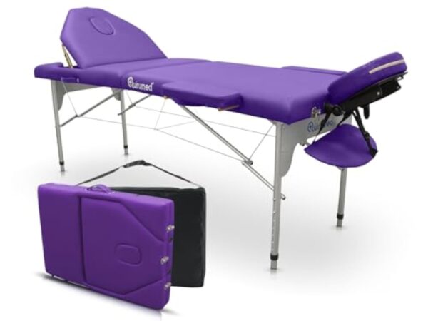 QUIRUMED Table de Massage Pliable en Aluminium Pro 186 x 66 cm avec Dossier Rabattable, Couleur Violet, Simili Cuir, Trou du Visage, tête Amovible, réglable en Hauteur, 2 Corps, jusqu'à 150 kg