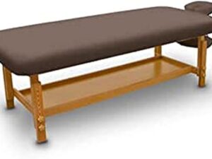 QUIRUMED Table de Massage Fixe en Bois pour Spa, Couleur Marron, lit de Massage, Simili Cuir, Hauteur réglable, tête Amovible, Plateau accoudoirs, revêtement Haute densité