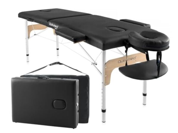 QUIRUMED Table de Massage Pliante en Aluminium Easy, Noir, 180 x 60 cm, Simili Cuir, Portable, léger, Appui-tête Amovible, Trou pour Le Visage, Hauteur réglable, jusqu'à 120 kg. – Image 2