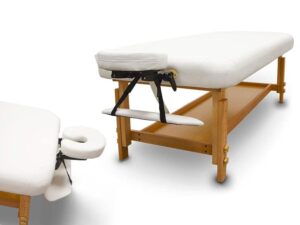 QUIRUMED Table de Massage Fixe en Bois pour Spa, Couleur Marron, lit de Massage, Simili Cuir, Hauteur réglable, tête Amovible, Plateau accoudoirs, revêtement Haute densité