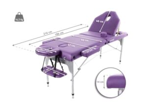 QUIRUMED Table de Massage Pliante en Aluminium, 186 x 66 cm, capitonnage 14 cm, Simili-Cuir, Couleur Violet, Hauteur réglable, Dossier Rabattable, légèreté, jusqu'à 150 kg