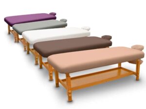 QUIRUMED Table de Massage Fixe en Bois pour Spa, Couleur Marron, lit de Massage, Simili Cuir, Hauteur réglable, tête Amovible, Plateau accoudoirs, revêtement Haute densité