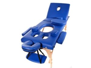 QUIRUMED Table de Massage pour Femmes Enceintes, Pliable, 194 x 70 cm, Bleu, Bois, Simili-Cuir, Trou pour Le Ventre, Trou pour Le Visage, Appui-tête Amovible, jusqu'à 150 kg