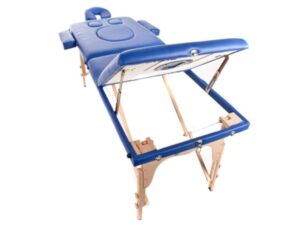 QUIRUMED Table de Massage pour Femmes Enceintes, Pliable, 194 x 70 cm, Bleu, Bois, Simili-Cuir, Trou pour Le Ventre, Trou pour Le Visage, Appui-tête Amovible, jusqu'à 150 kg