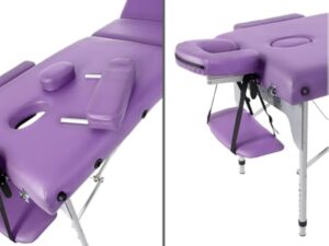QUIRUMED Table de Massage Pliante en Aluminium, 186 x 66 cm, capitonnage 14 cm, Simili-Cuir, Couleur Violet, Hauteur réglable, Dossier Rabattable, légèreté, jusqu'à 150 kg