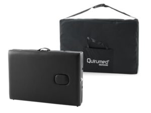 QUIRUMED Table de Massage Pliante en Aluminium Easy, Noir, 180 x 60 cm, Simili Cuir, Portable, léger, Appui-tête Amovible, Trou pour Le Visage, Hauteur réglable, jusqu'à 120 kg.