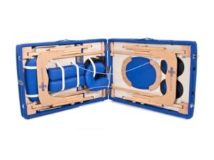 QUIRUMED Table de Massage pour Femmes Enceintes, Pliable, 194 x 70 cm, Bleu, Bois, Simili-Cuir, Trou pour Le Ventre, Trou pour Le Visage, Appui-tête Amovible, jusqu'à 150 kg