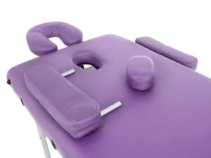 QUIRUMED Table de Massage Pliante en Aluminium, 186 x 66 cm, capitonnage 14 cm, Simili-Cuir, Couleur Violet, Hauteur réglable, Dossier Rabattable, légèreté, jusqu'à 150 kg