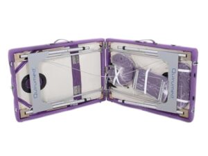 QUIRUMED Table de Massage Pliante en Aluminium, 186 x 66 cm, capitonnage 14 cm, Simili-Cuir, Couleur Violet, Hauteur réglable, Dossier Rabattable, légèreté, jusqu'à 150 kg