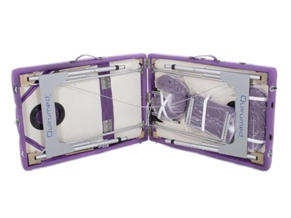 QUIRUMED Table de Massage Pliante en Aluminium, 186 x 66 cm, capitonnage 14 cm, Simili-Cuir, Couleur Violet, Hauteur réglable, Dossier Rabattable, légèreté, jusqu'à 150 kg – Image 9