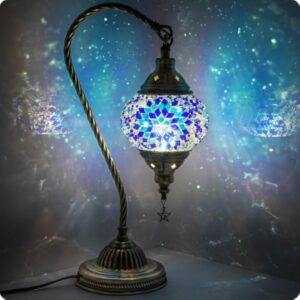 Soilsiu Lampe marocaine turque avec base en bronze, 3 options de luminosité, faite à la main, col de cygne, lampe de chevet en verre mosaïque Tiffany pour chambre à coucher (ampoule LED incluse