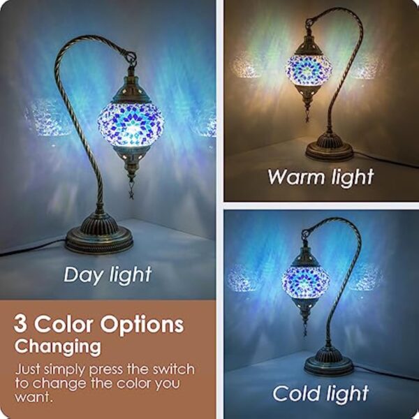Soilsiu Lampe marocaine turque avec base en bronze, 3 options de luminosité, faite à la main, col de cygne, lampe de chevet en verre mosaïque Tiffany pour chambre à coucher (ampoule LED incluse – Image 3