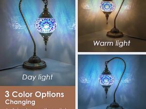 Soilsiu Lampe marocaine turque avec base en bronze, 3 options de luminosité, faite à la main, col de cygne, lampe de chevet en verre mosaïque Tiffany pour chambre à coucher (ampoule LED incluse