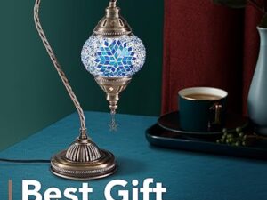 Soilsiu Lampe marocaine turque avec base en bronze, 3 options de luminosité, faite à la main, col de cygne, lampe de chevet en verre mosaïque Tiffany pour chambre à coucher (ampoule LED incluse