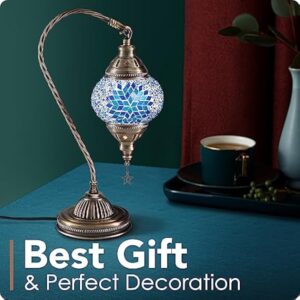 Soilsiu Lampe marocaine turque avec base en bronze, 3 options de luminosité, faite à la main, col de cygne, lampe de chevet en verre mosaïque Tiffany pour chambre à coucher (ampoule LED incluse