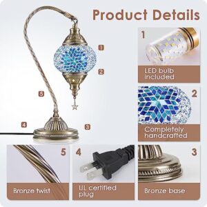 Soilsiu Lampe marocaine turque avec base en bronze, 3 options de luminosité, faite à la main, col de cygne, lampe de chevet en verre mosaïque Tiffany pour chambre à coucher (ampoule LED incluse