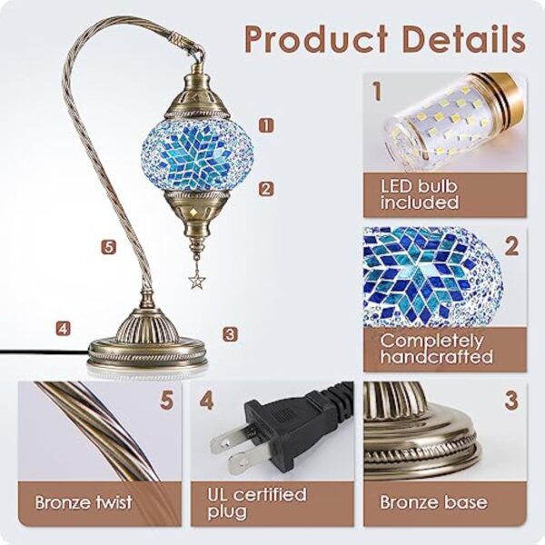 Soilsiu Lampe marocaine turque avec base en bronze, 3 options de luminosité, faite à la main, col de cygne, lampe de chevet en verre mosaïque Tiffany pour chambre à coucher (ampoule LED incluse – Image 6