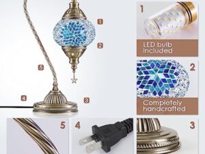 Soilsiu Lampe marocaine turque avec base en bronze, 3 options de luminosité, faite à la main, col de cygne, lampe de chevet en verre mosaïque Tiffany pour chambre à coucher (ampoule LED incluse