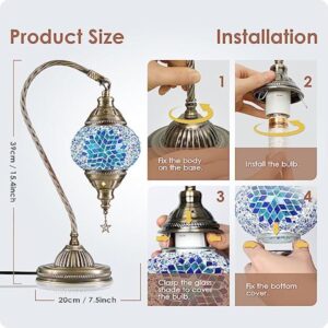 Soilsiu Lampe marocaine turque avec base en bronze, 3 options de luminosité, faite à la main, col de cygne, lampe de chevet en verre mosaïque Tiffany pour chambre à coucher (ampoule LED incluse