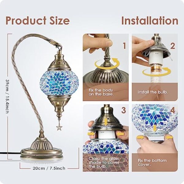 Soilsiu Lampe marocaine turque avec base en bronze, 3 options de luminosité, faite à la main, col de cygne, lampe de chevet en verre mosaïque Tiffany pour chambre à coucher (ampoule LED incluse – Image 7