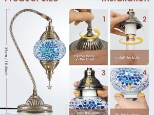 Soilsiu Lampe marocaine turque avec base en bronze, 3 options de luminosité, faite à la main, col de cygne, lampe de chevet en verre mosaïque Tiffany pour chambre à coucher (ampoule LED incluse