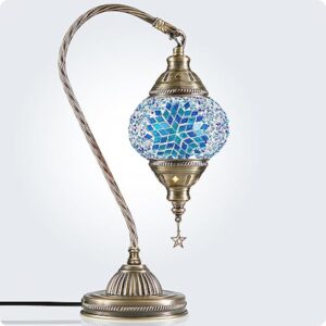 Soilsiu Lampe marocaine turque avec base en bronze, 3 options de luminosité, faite à la main, col de cygne, lampe de chevet en verre mosaïque Tiffany pour chambre à coucher (ampoule LED incluse