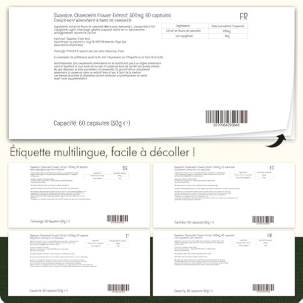 Swanson, Chamomille Flower Extract (Extrait de Fleur de Camomille), 500mg, Haute Dose, 60 Capsules, Sans Soja, Sans Gluten, Sans OGM – Image 5
