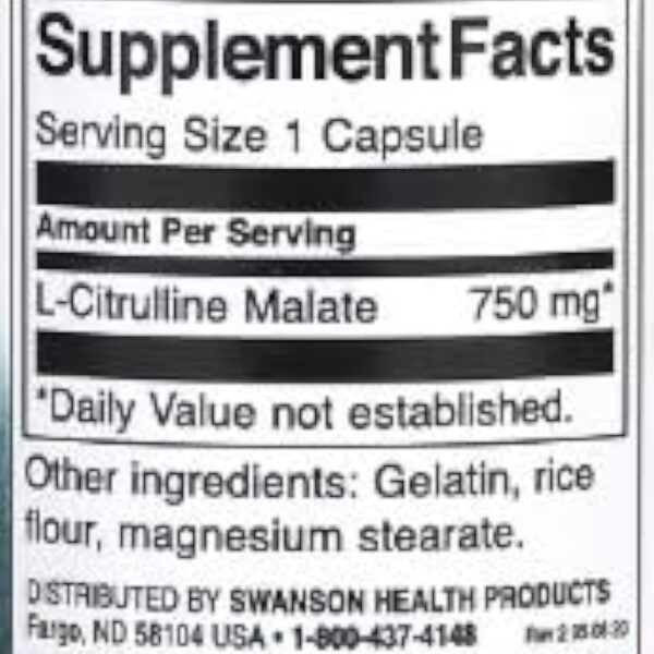 Swanson Complexe L-Citrulline Malate 750mg - 60 Capsules | Supplément pour l'Endurance Musculaire et la Performance