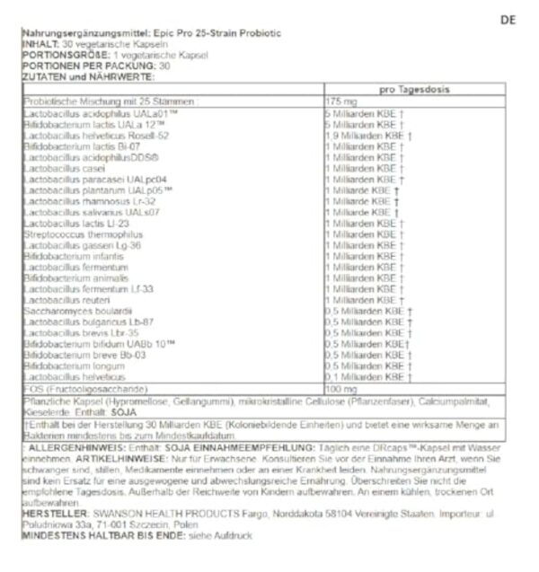 Swanson - Epic Pro 25-Strain Probiotic | Soutient une flore intestinale saine - 30 capsules végétales – Image 3