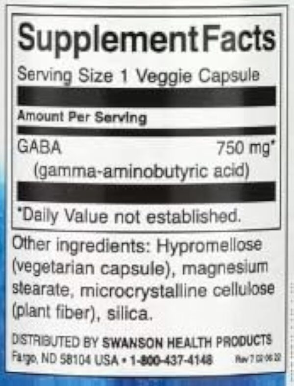 Swanson GABA 750mg Puissance Maximale - 60 Vcaps | Complément Naturel pour Réduction de l'Anxiété et Amélioration du Sommeil