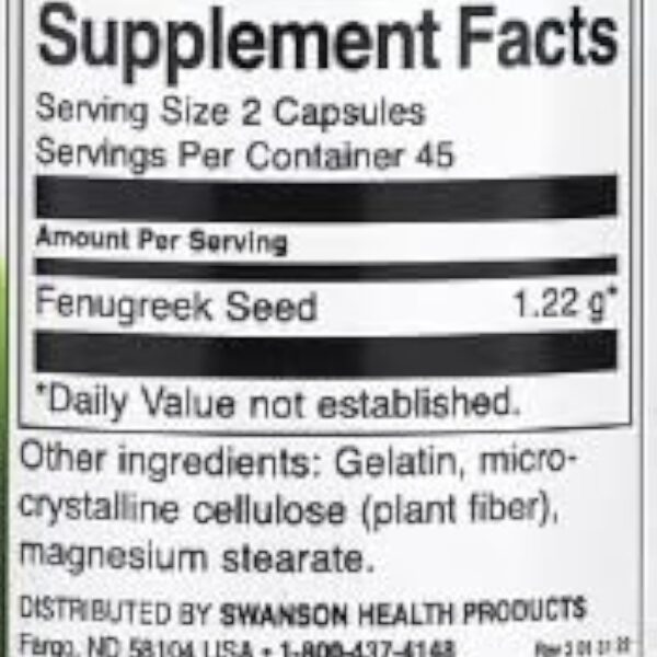 Swanson Graines de Fenugrec 610mg - 90 Capsules | Supplément Naturel pour Augmentation de la Lactation et Soutien Glycémique