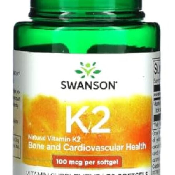 Swanson - K2 100 mcg - Vitamine K2 (Ménachinone-7 de Natto) | Soutien naturel pour la santé osseuse et cardiovasculaire - 30 Gélules, 100 mcg