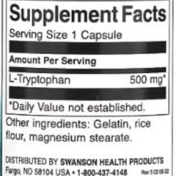 Swanson L-Tryptophan 500mg - 60 caps | Capsules pour Sommeil et Humeur, Complément Naturel pour Détente et Bien-être
