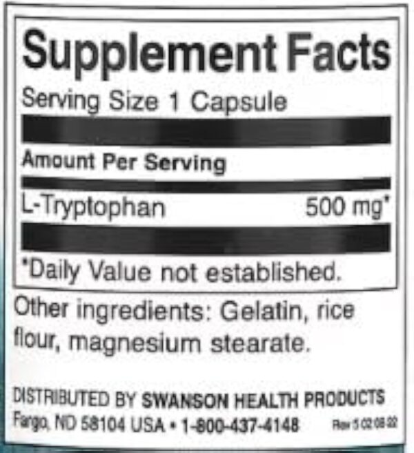 Swanson L-Tryptophan 500mg - 60 caps | Capsules pour Sommeil et Humeur, Complément Naturel pour Détente et Bien-être – Image 2