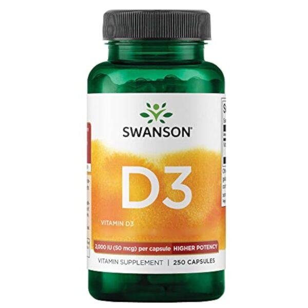 Swanson, Vitamine D3 50mcg (2000 UI), Dépôt, 1 Capsule tous les 2 Jours, 250 Capsules, Haute Dosé, Sans Soja, Sans Gluten, Sans OGM