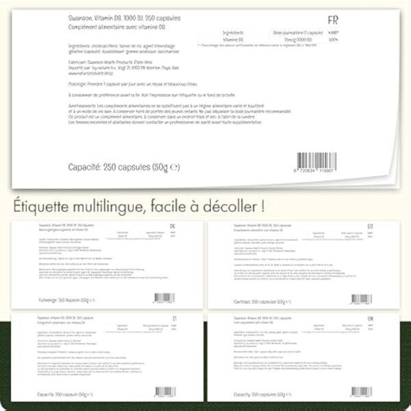 Swanson, Vitamine D3, 25mcg (1.000 IU), 250 Capsules, Hautement Dosé, Sans Soja, Sans Gluten, Sans OGM – Image 6