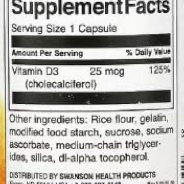 Swanson Vitamine D-3 1000 UI - 250 Capsules | Complément Haute Efficacité pour la Santé Osseuse et Immunitaire
