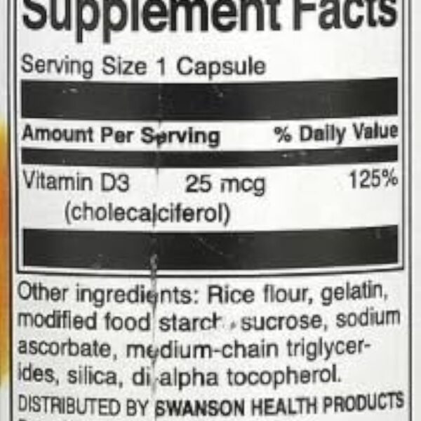 Swanson Vitamine D-3 1000 IU - 60 capsules | Renforcement des Os et du Système Immunitaire - Complément Alimentaire Essentiel pour la Santé Générale