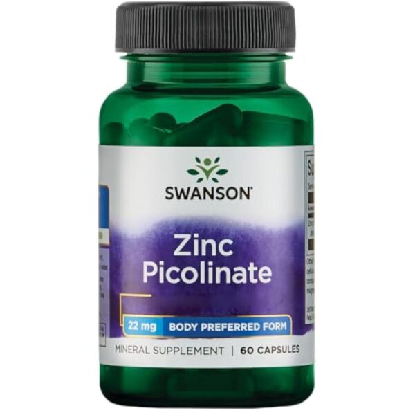 Swanson, Zinc Picolinate (Picolinate de Zinc), avec 22mg de Zinc Élémentaire, 60 Capsules, Hautement Dosé, Sans Soja, Sans Gluten, Sans OGM