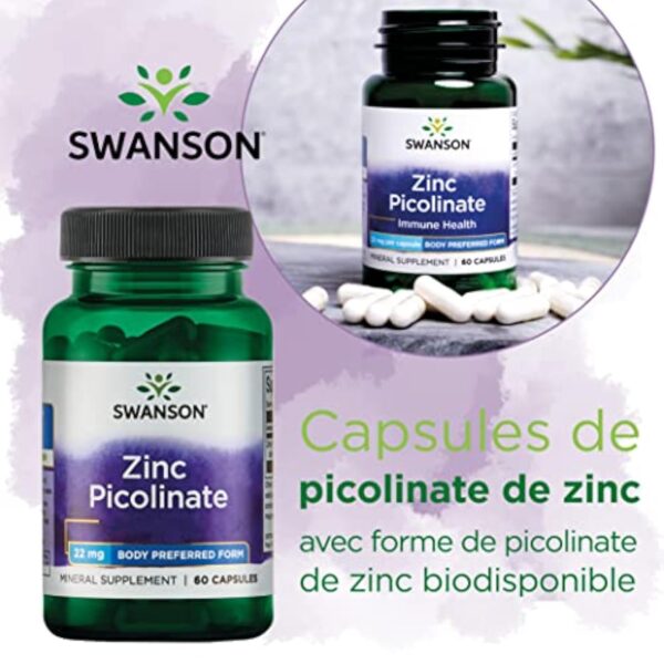 Swanson, Zinc Picolinate (Picolinate de Zinc), avec 22mg de Zinc Élémentaire, 60 Capsules, Hautement Dosé, Sans Soja, Sans Gluten, Sans OGM – Image 3