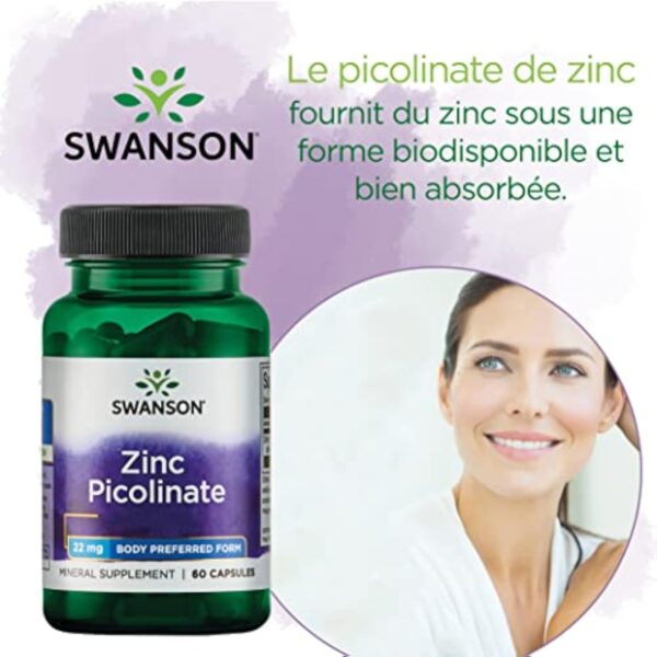 Swanson, Zinc Picolinate (Picolinate de Zinc), avec 22mg de Zinc Élémentaire, 60 Capsules, Hautement Dosé, Sans Soja, Sans Gluten, Sans OGM – Image 4