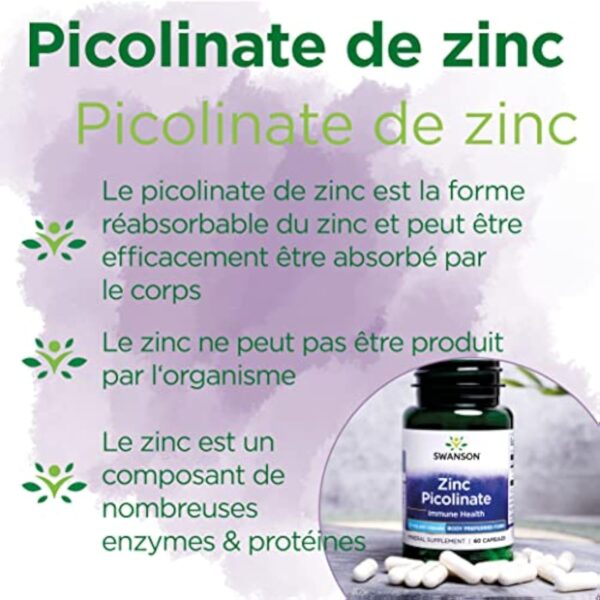 Swanson, Zinc Picolinate (Picolinate de Zinc), avec 22mg de Zinc Élémentaire, 60 Capsules, Hautement Dosé, Sans Soja, Sans Gluten, Sans OGM – Image 5