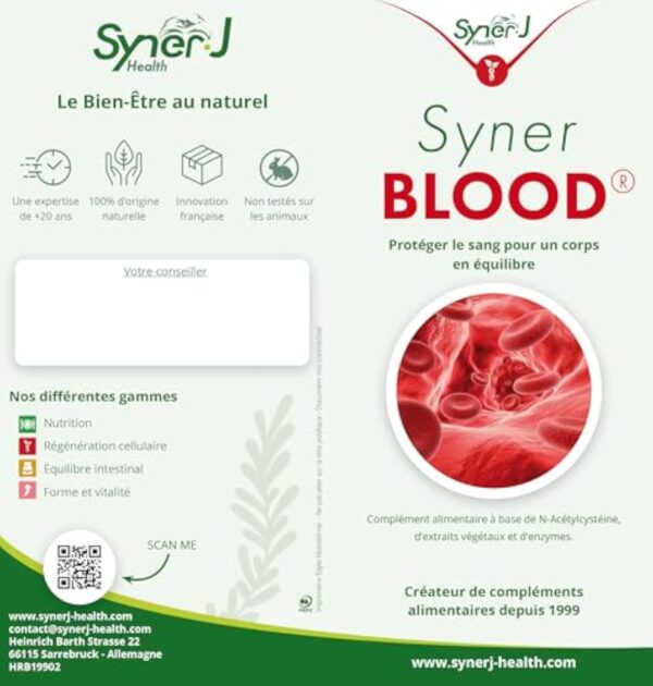 SynerBLOOD | Complément Circulatoire Naturel | NAC, Vigne Rouge, Petit Houx, Marron d’Inde, Nattokinase, Bromélaïne | 60 Gélules | 1 Mois | SynerJ Health – Image 3